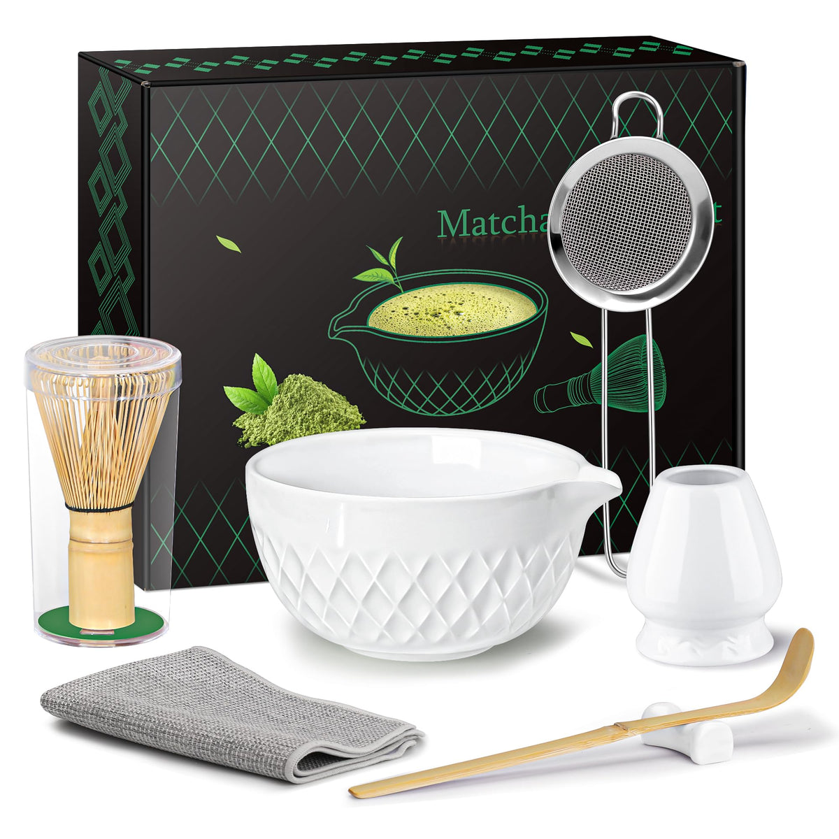 Matcha Whisk Set, 7 Pcs Matcha Kit, Ceramic Matcha Set Includes Matcha Bowl with Spout, Matcha Whisk and Holder, Bamboo Scoop, Scoop Rest, Sifter and Tea Towel (Matcha Green)