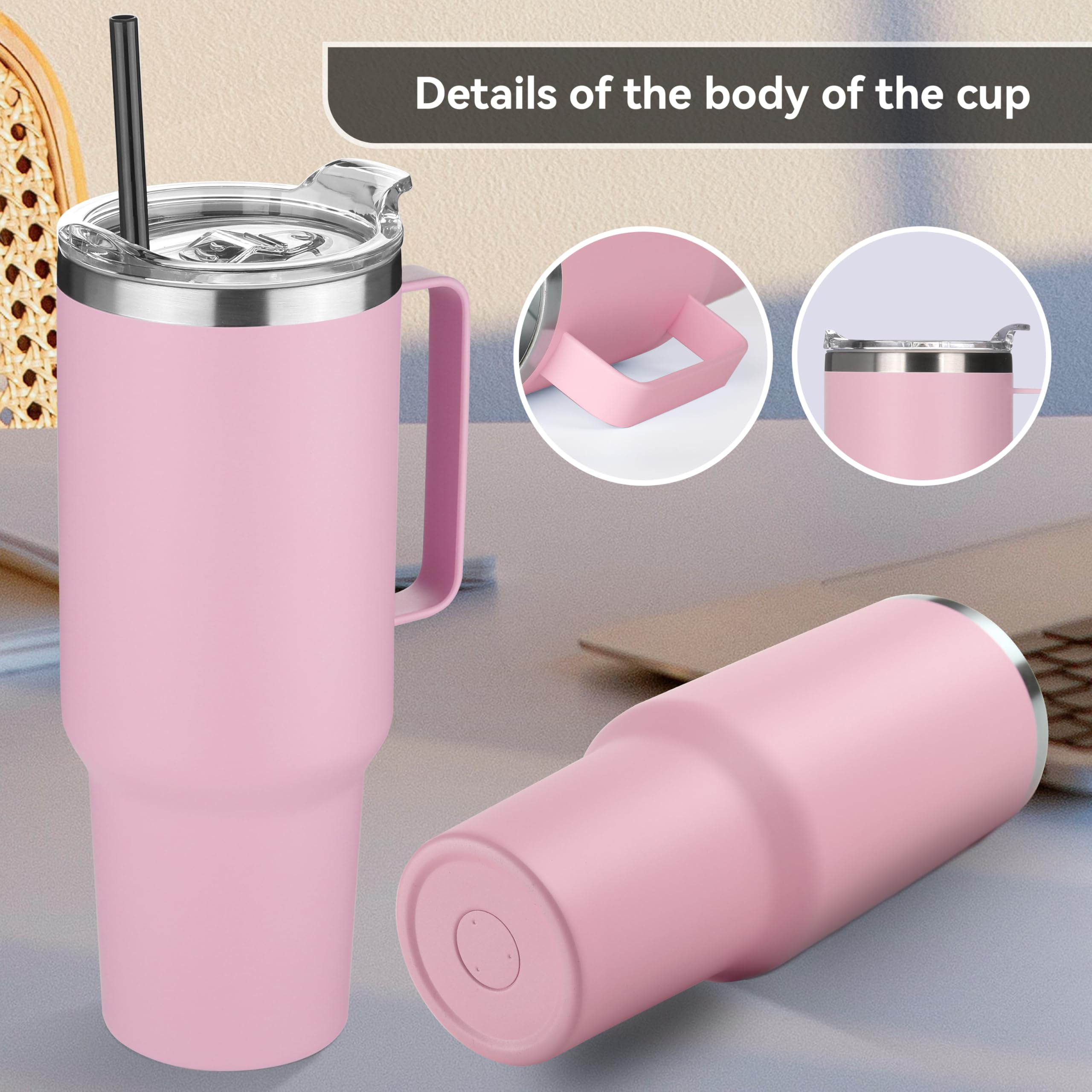 HASLE OUTFITTERS 40 oz Stainless Steel Tumbler with Handle, Vacuum Insulated Tumblers Bulk, Reusable Double Wall Travel Coffee Mug, Durable Powder Coated Water Bottle(Pink, 8)