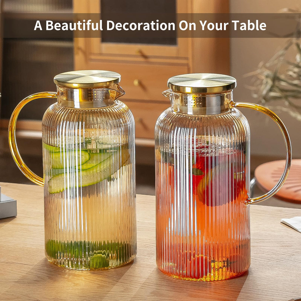 Buaic 2 PACK Glass Pitcher with Lid, 84 oz/ 2.5L Amber Glass Water Pitcher