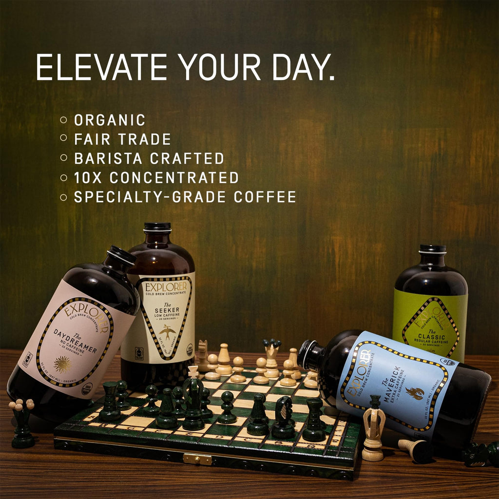 Explorer Cold Brew Organic Liquid Coffee Concentrate, Classic Regular Caffeine, Drink Iced or Hot, 32 fl oz, Makes 20+ Cups