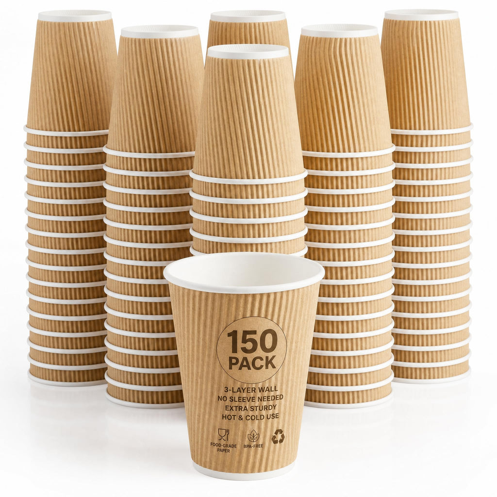 NYHI 150 10 oz Ripple Kraft Paper Cups Brown Hot Cold Cups 3 Layer Rippled Small Insulated Disposable Coffee Cups for Cappuccino Hot Cocoa or Iced Drinks