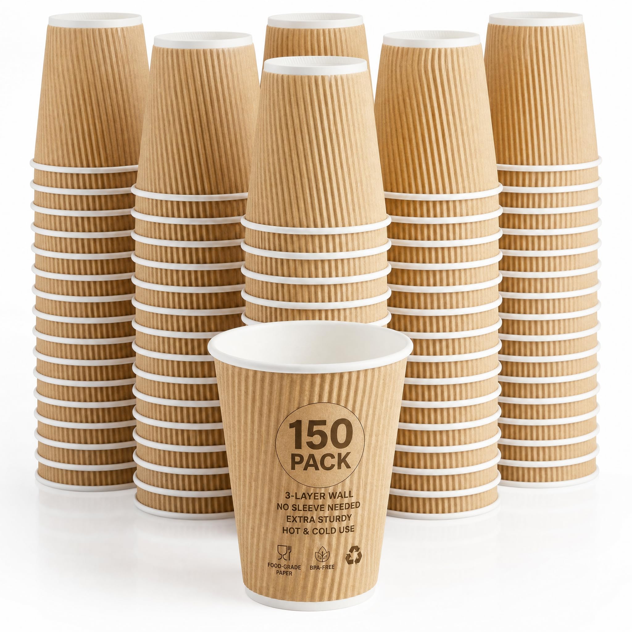 NYHI 150 10 oz Ripple Kraft Paper Cups Brown Hot Cold Cups 3 Layer Rippled Small Insulated Disposable Coffee Cups for Cappuccino Hot Cocoa or Iced Drinks