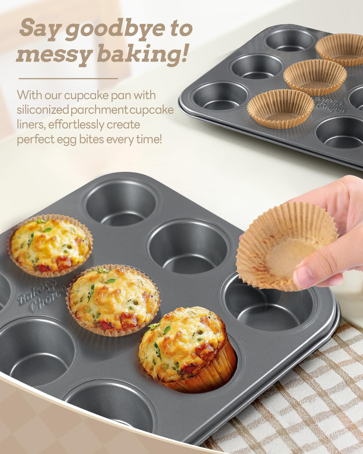 Bake Choice 2 Muffin Pan for Baking, Standard Cupcake Pan with 100 Liners