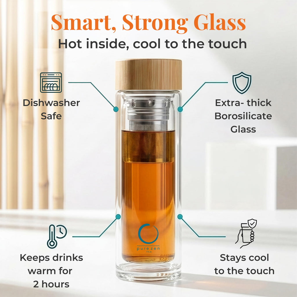 Pure Zen Tea Glass Tea Infuser Bottle, Leakproof, Tea Tumbler with Infuser