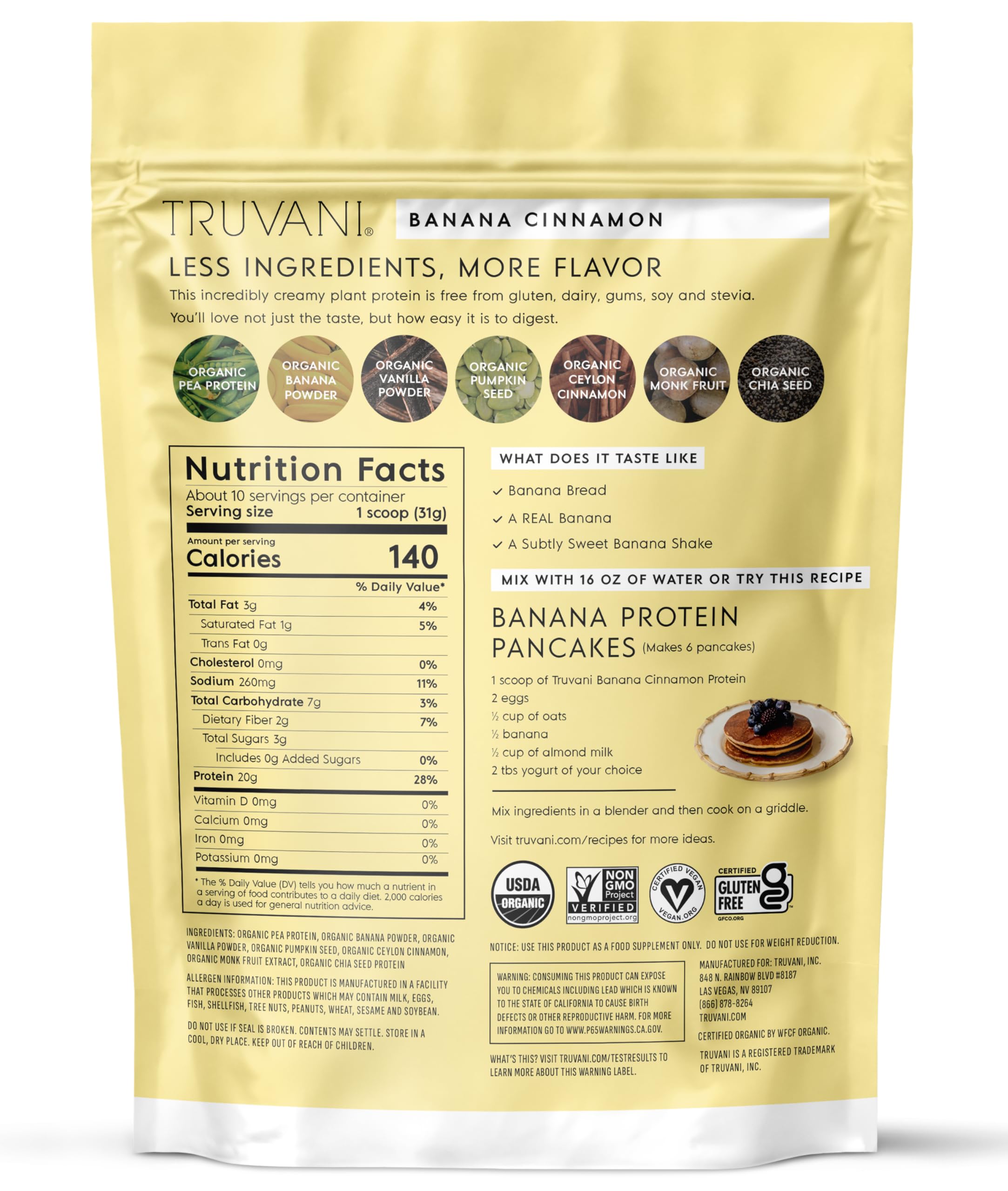 Truvani Organic Plant Based Protein Powder | Banana Cinnamon | 10 Servings