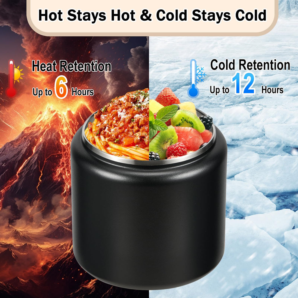Reeple 26oz Kids Jar for Hot Food, Insulated Vacuum Food Jar with Buckle Lid, Stainless Steel Wide Mouth Leak Proof Insulated Lunch Container for School Picnic Travel, Black