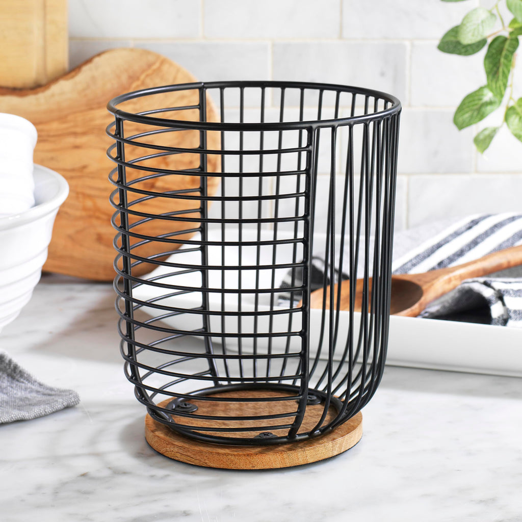 MosJos Coffee Pod Holder -Black Wire K Cup Storage with Wooden Base - Large Capacity Slim Design - Modern Coffee Basket Decor for Kitchen Countertop for Keurig Kcups & Espresso Capsules