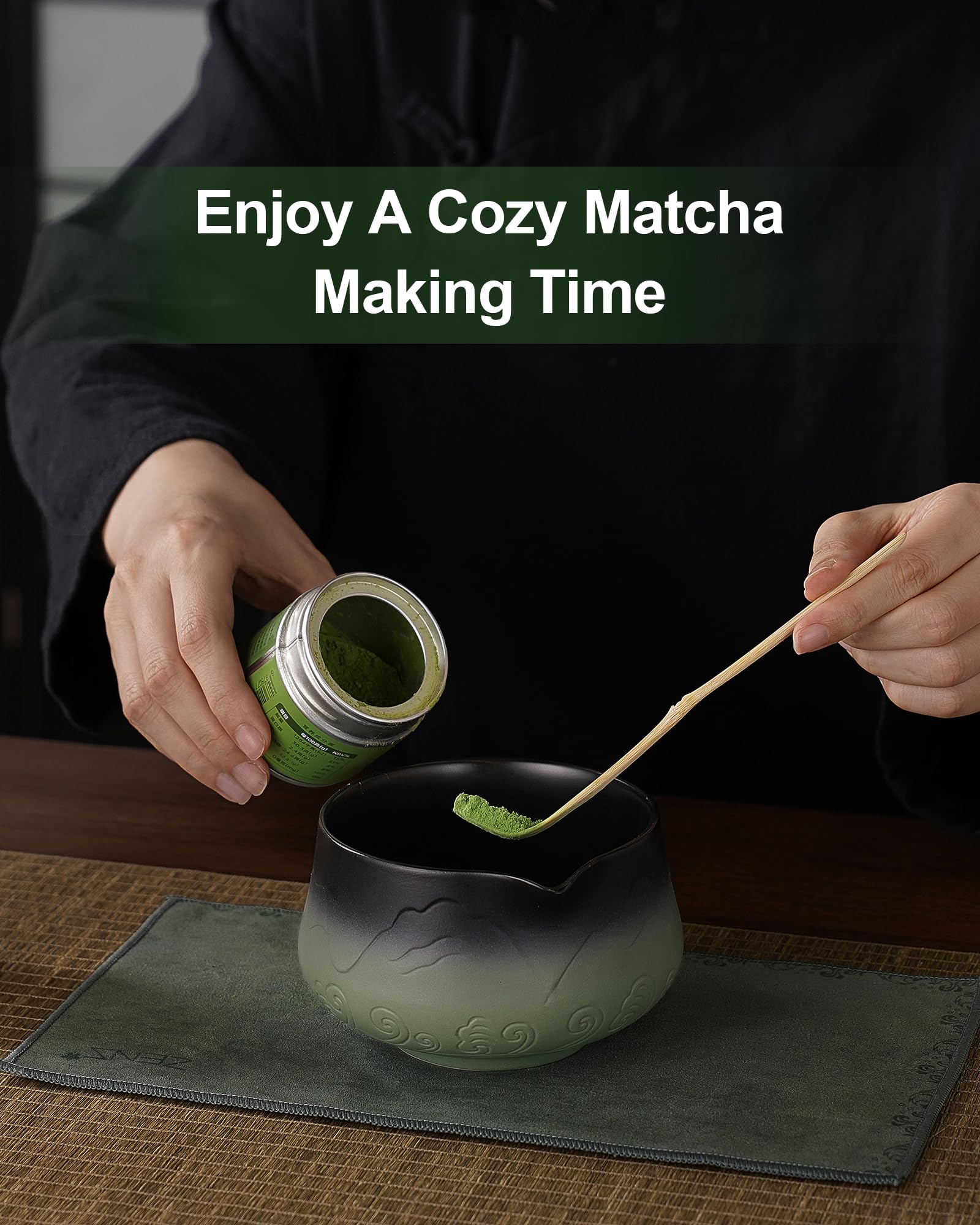 ZENS Premium Matcha Whisk Set, 5pcs Matcha Kit with Matcha Tools, Green