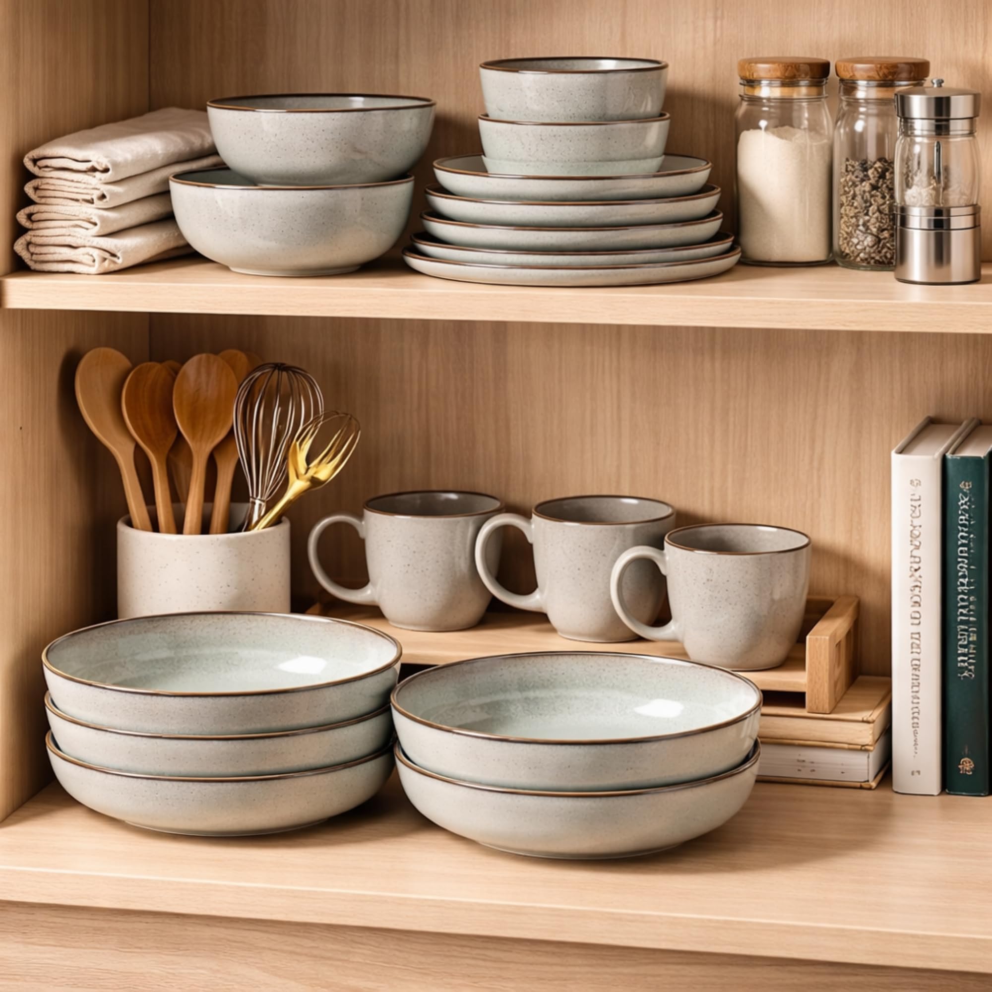 GBhome 8.75'' Large Ceramic Pasta Bowls, 38oz Stoneware Pasta Serving Bowls Set of 4 for Kitchen, Wide Bowls for Fruit,Pasta,Salad,Oatmeal,Meal, Microwave Safe, Reactive Glaze-Green Wheat