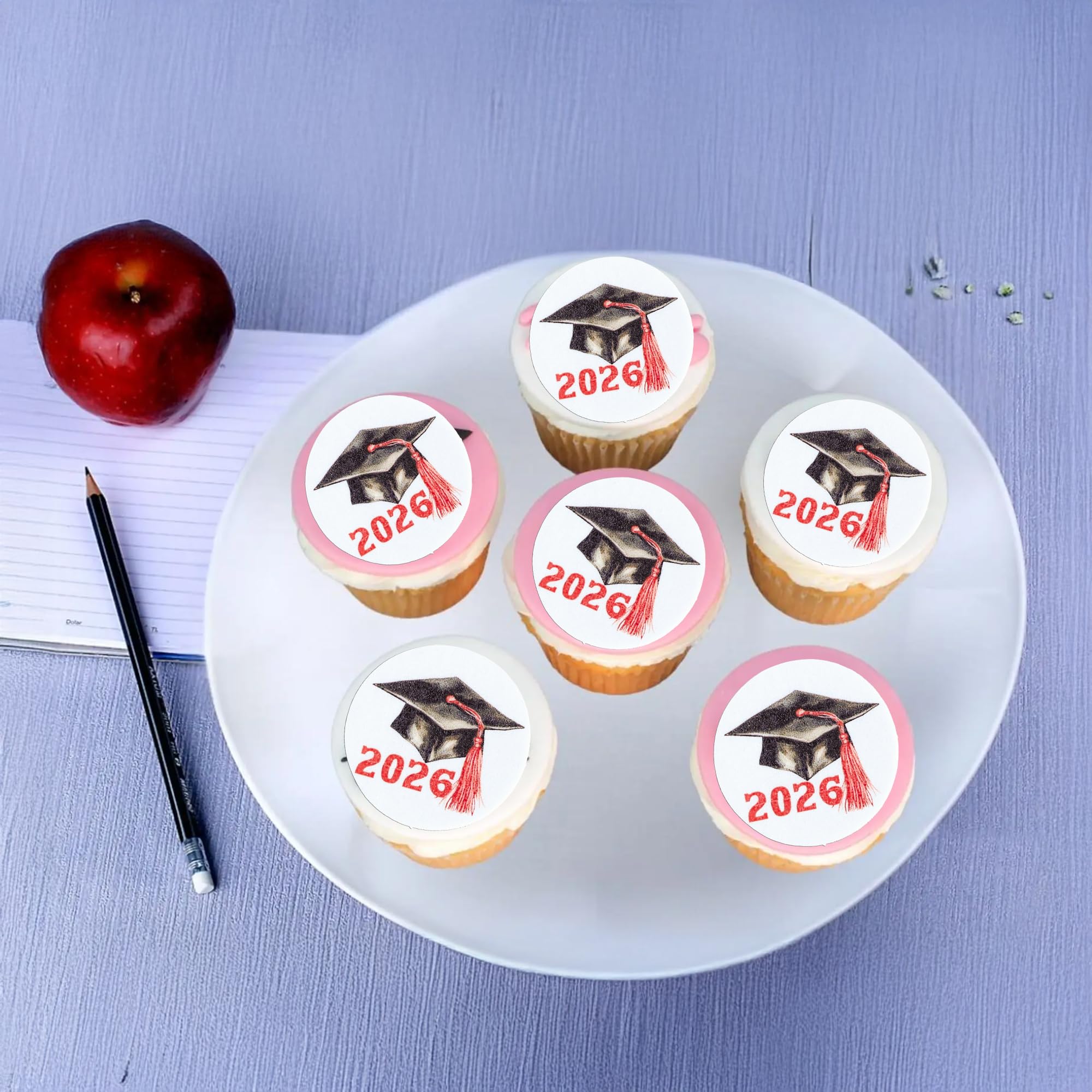 Gyufise 48Pcs Edible 2026 Graduation Cap Cupcake Toppers Wafer Paper Class of 2026 Grad Cap Cupcake Picks for 2026 Graduation Theme Party Cake Decorations Supplies Red