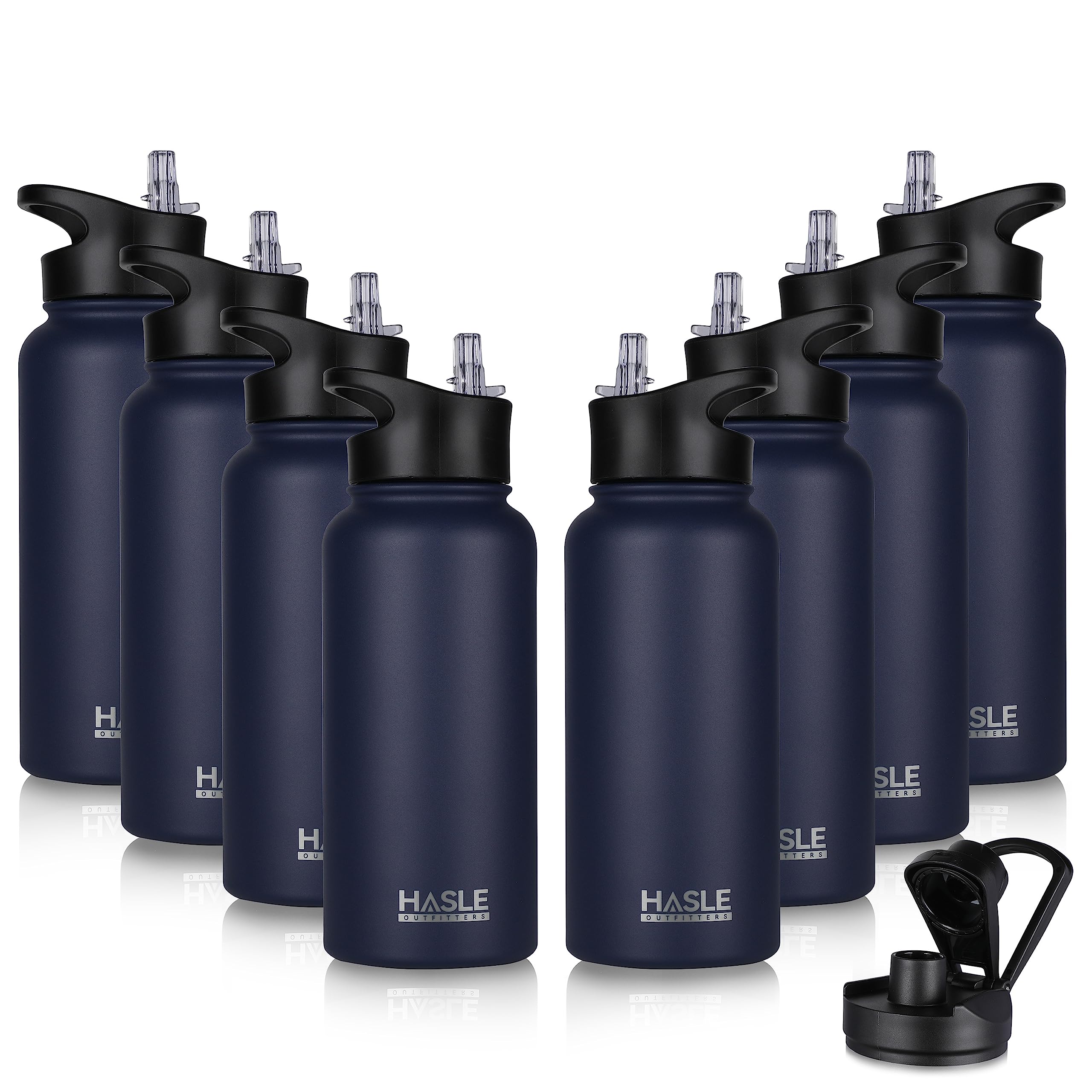 HASLE OUTFITTERS 32 oz Insulated Water Bottle Stainless Steel Double Walled Vacuum Sports Water Bottle with 2 Lids (Straw and Spout Lid) for Gym Camping Hiking(Navy,8)