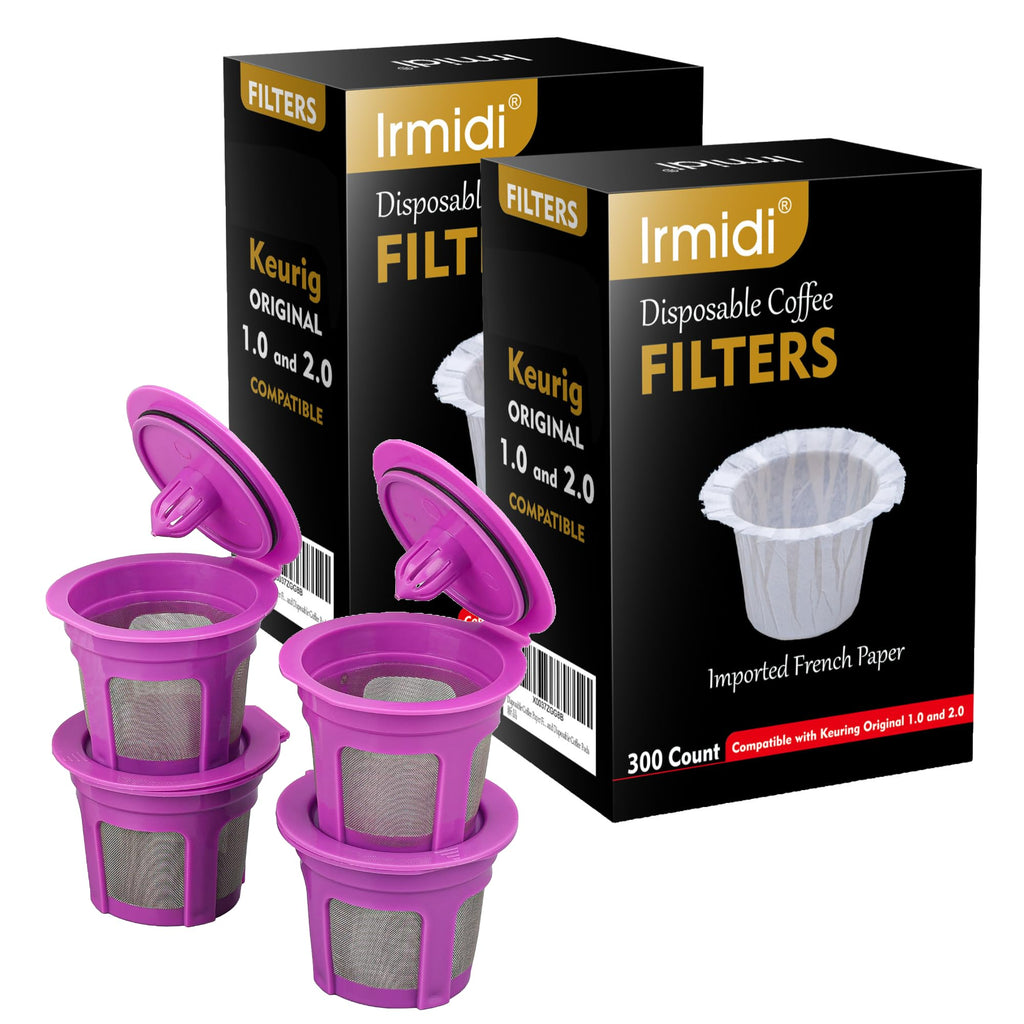 Irmidi 600 Count Disposable Paper Coffee Filters with 4 Pack Reusable K Cups, Compatible with Keurig 2.0 and 1.0 Coffee Maker