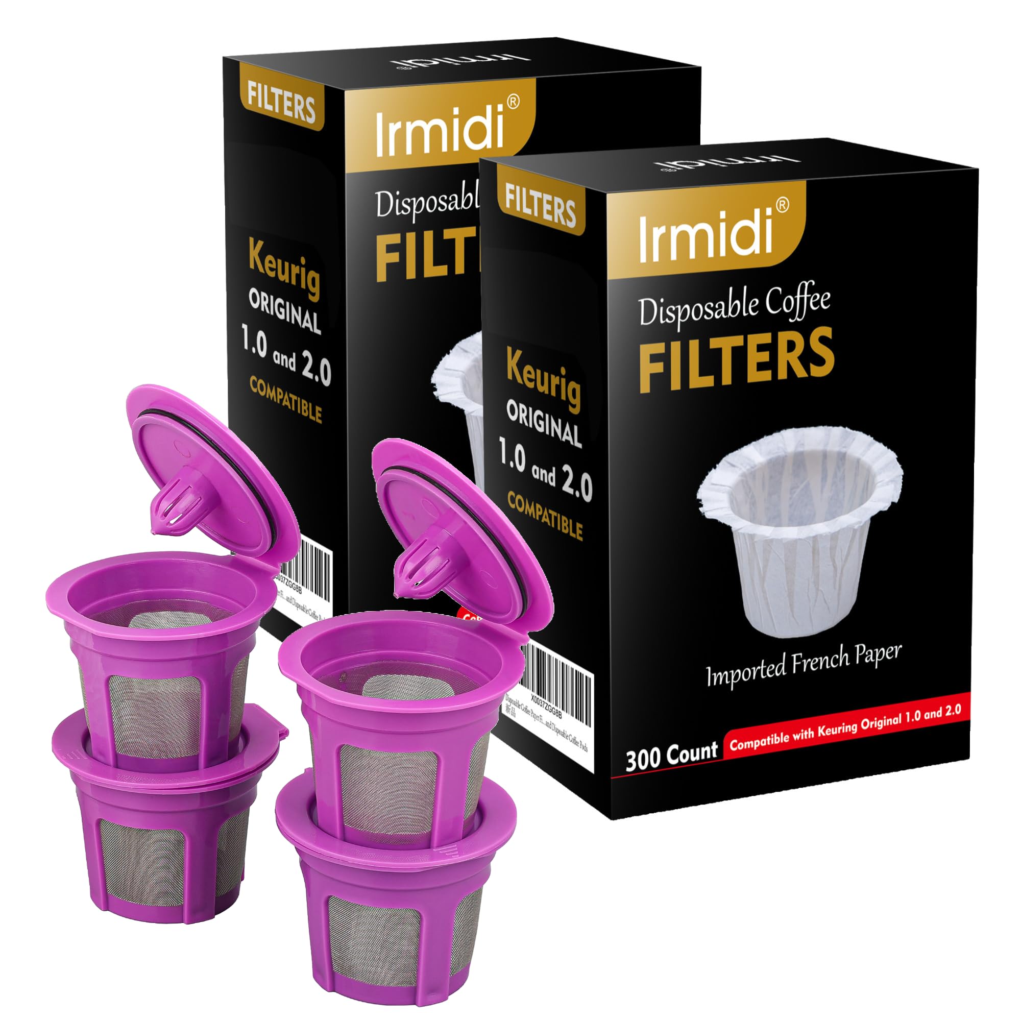 Irmidi 600 Count Disposable Paper Coffee Filters with 4 Pack Reusable K Cups, Compatible with Keurig 2.0 and 1.0 Coffee Maker