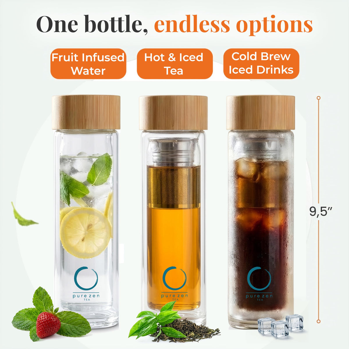 Pure Zen Tea Glass Tea Infuser Bottle, Leakproof, Tea Tumbler with Infuser