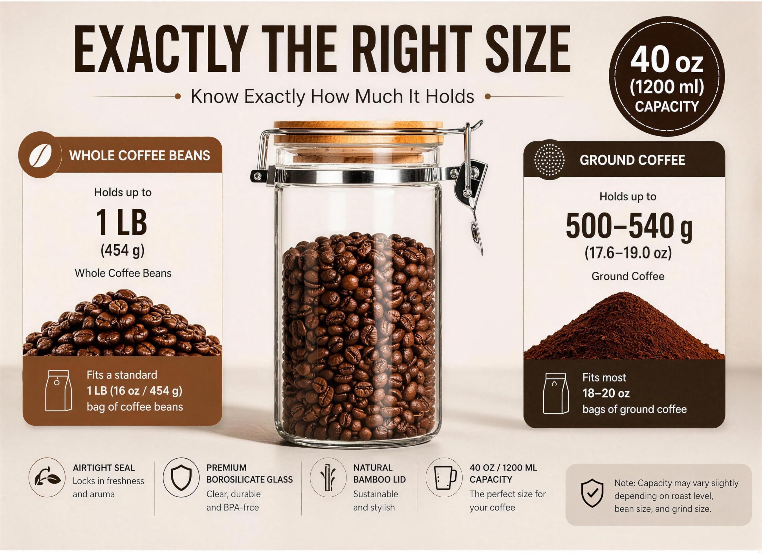 KKC HOME ACCENTS 40 oz Glass Coffee Container (Holds 1 lb Coffee Beans) with Airtight Bamboo Lid and 1 Tbsp Wood Spoon - Clear Coffee Jar Canister for Grounds Storage, Aesthetic Kitchen Counter Decor