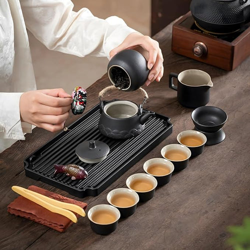 15-Piece Gongfu Tea Set with Tea Tray & Color-Changing Tea Pet, Gray Porcelain Chinese Tea Set with Travel Bag, Portable Tea Set for Home Office Outdoor, Premium Tea Set Gift for Adults