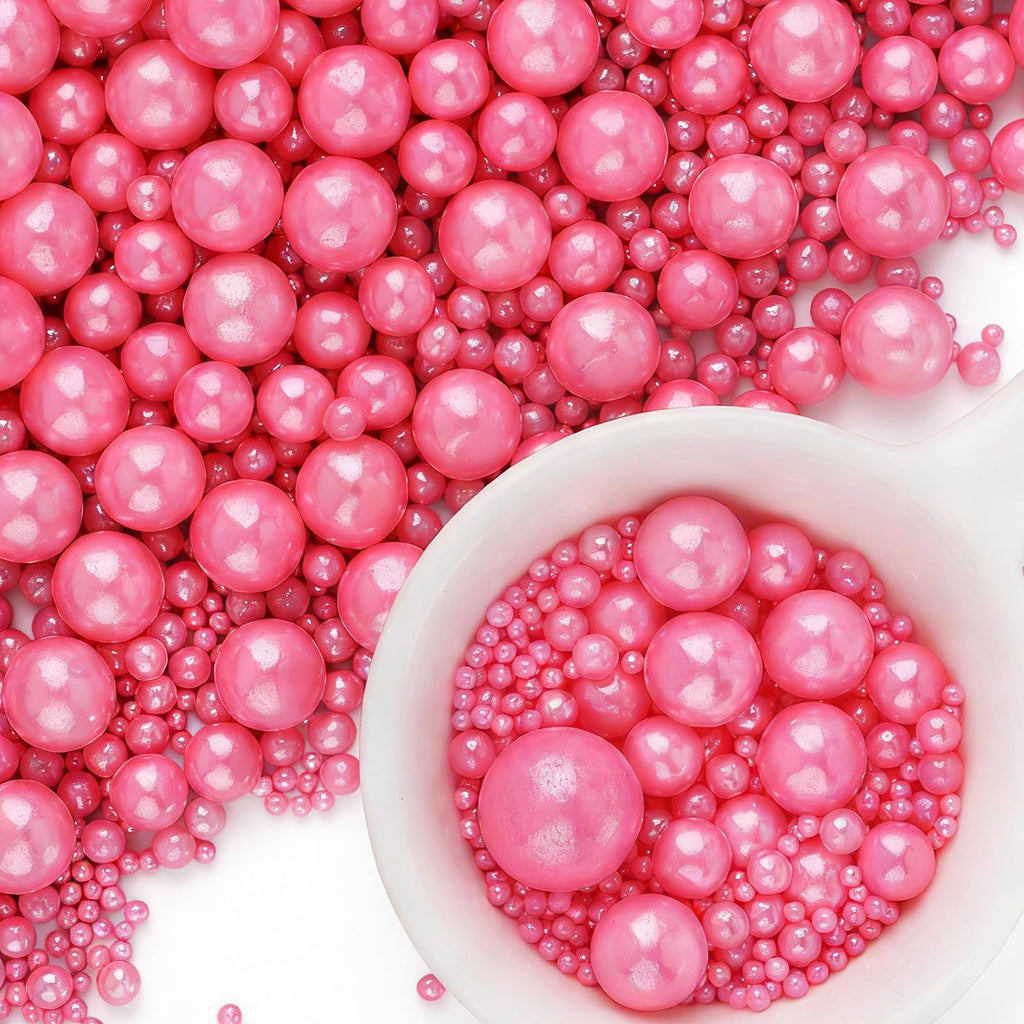 Pink Pearl Sprinkles for Cake Decorating, 6 Sizes Edible Pearl Sugar