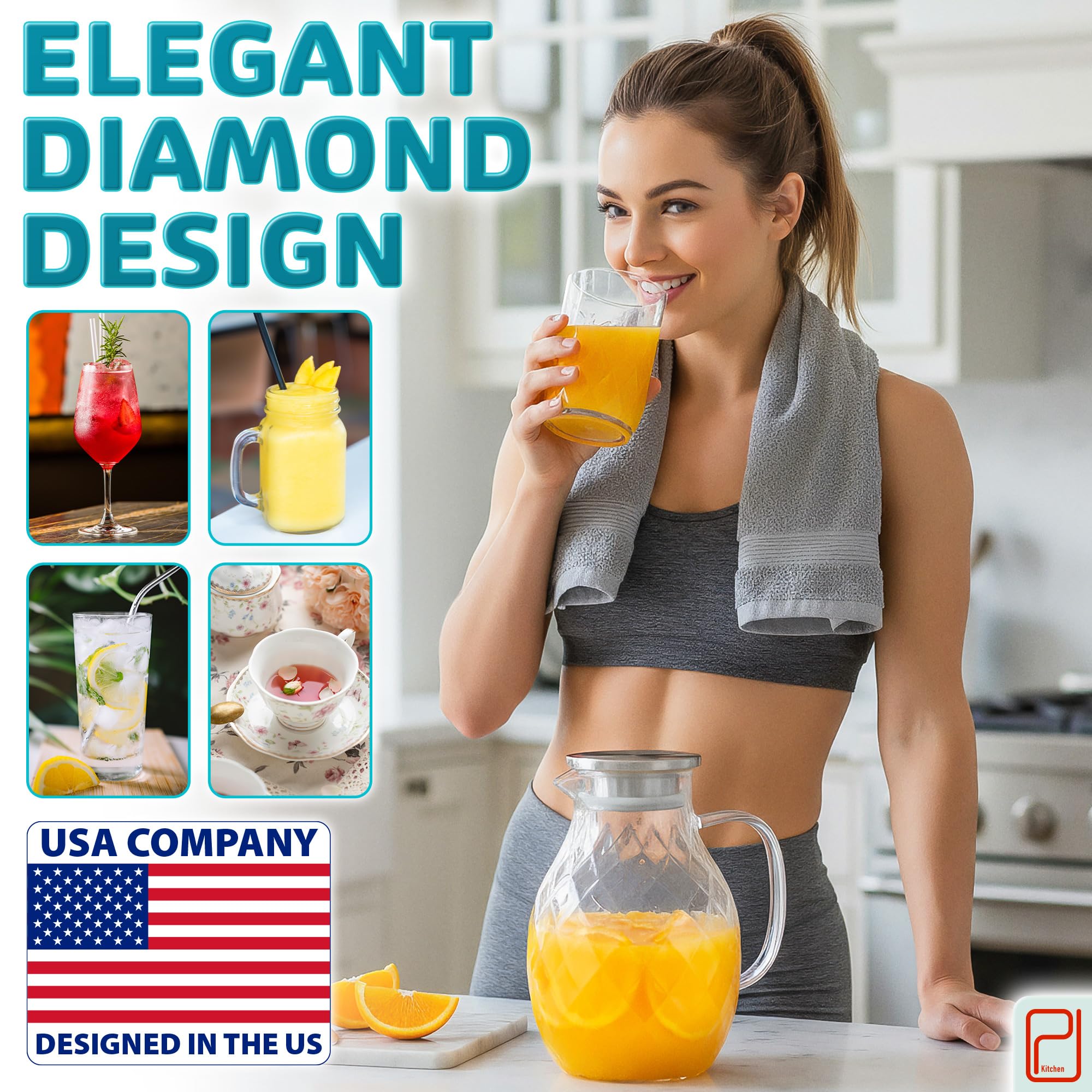 Borosilicate Glass Pitcher with Lid & Spout - 2 L / 68 oz Water Jug