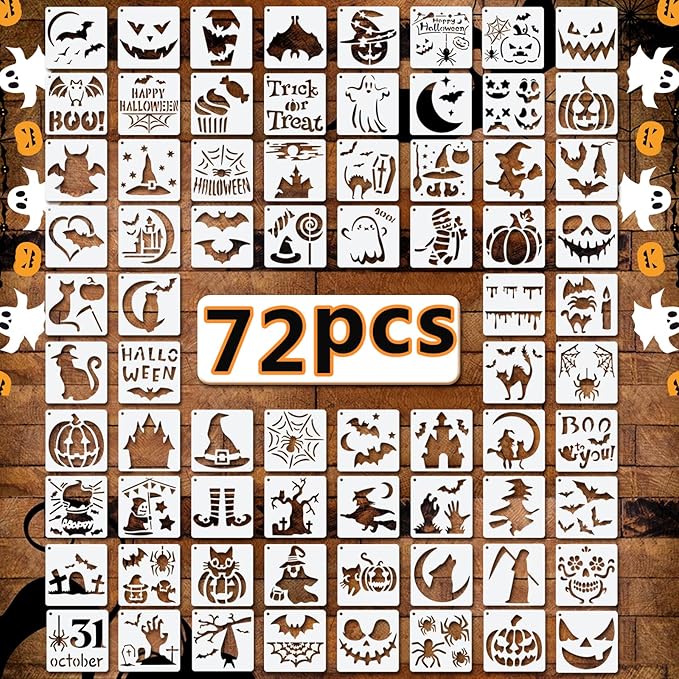 72 PCS 3x3 Inch Halloween Stencils for Painting - Pumpkin, Ghost, Bat, Spider Web Witch Skull Reusable Halloween Painting Templates on Wood, Glass, Fabric, Window Door Decor DIY Decoration