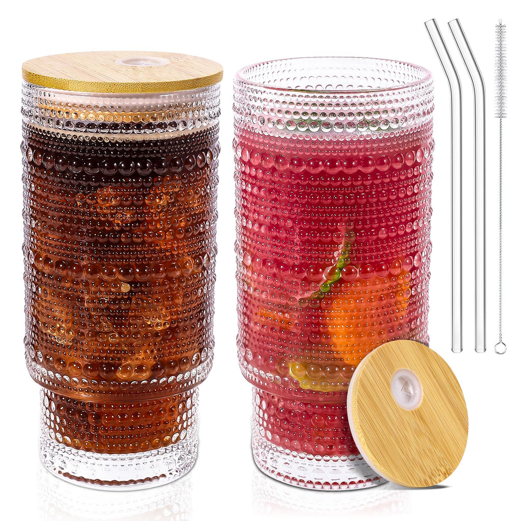 16 Oz Glass Cups with Lids and Straws, Vintage Embossed Glassware for Whiskey Cocktail Beer, Iced Coffee Cup with Lid, Glass Tumbler (2 PACK)
