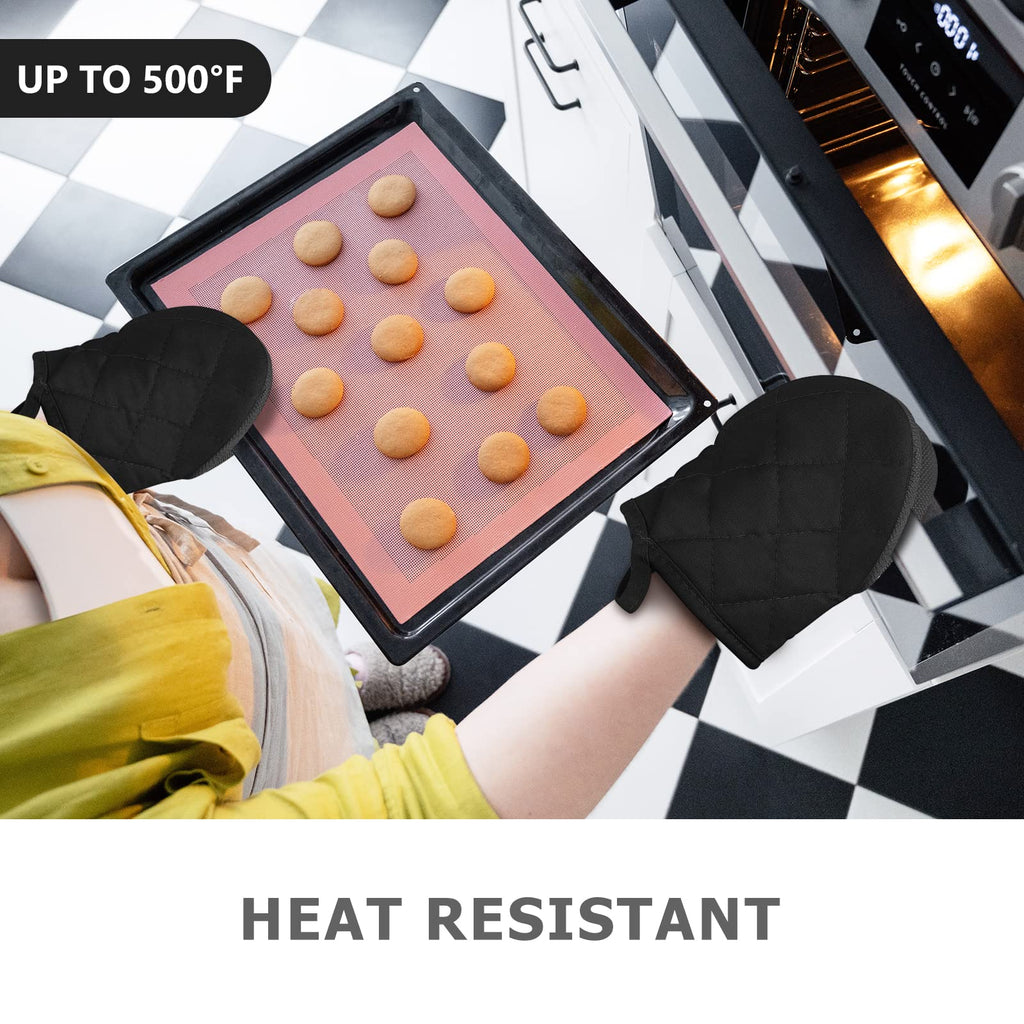 Short Oven Mitts, Heat Resistant 500°F, Silicone Grip Kitchen Gloves, Non-Slip for Baking, Grilling, BBQ, Machine Washable with Hanging Loop, 2-Pack Set, Black