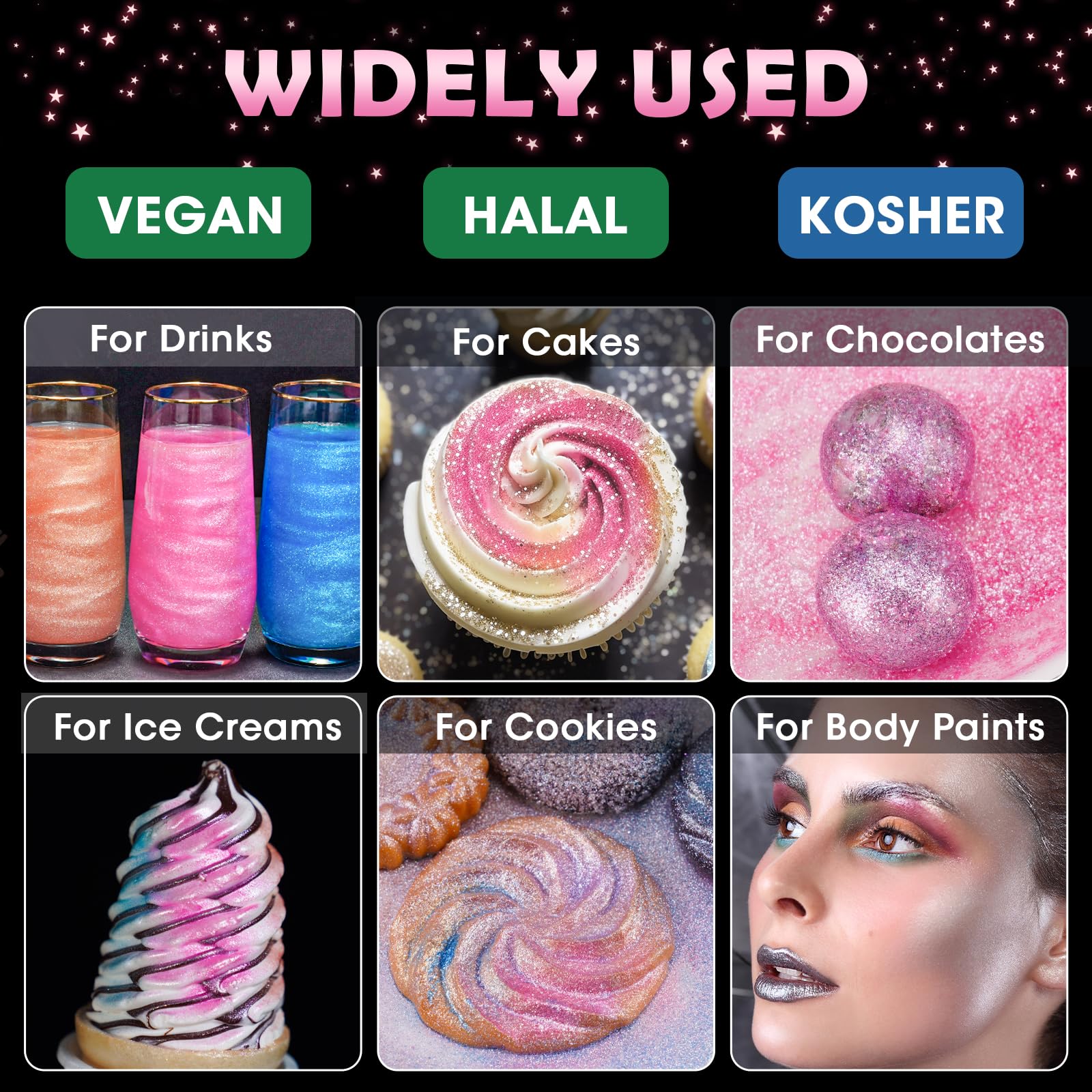 NiHome Edible Glitter Luster Dust, Vegan Shimmer for Drinks, Dessert, Pink