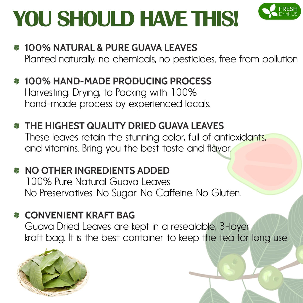 FreshDrinkUS, Premium 50+ Natural Guava Leaves, Whole Dried Leaves, 100% Pure, Natural Guava Loose Leaf Herbal Tea, Non GMO, No Additives, No Caffeine, Vegan