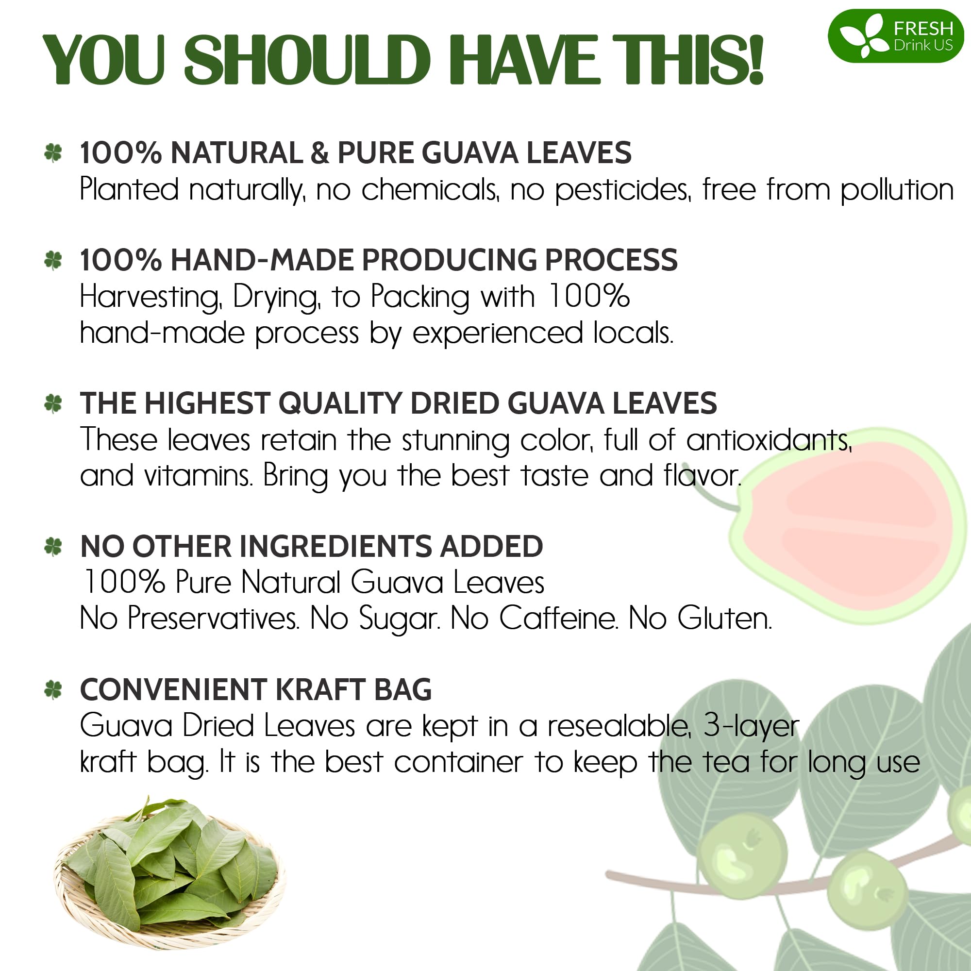 FreshDrinkUS, Premium 50+ Natural Guava Leaves, Whole Dried Leaves, 100% Pure, Natural Guava Loose Leaf Herbal Tea, Non GMO, No Additives, No Caffeine, Vegan