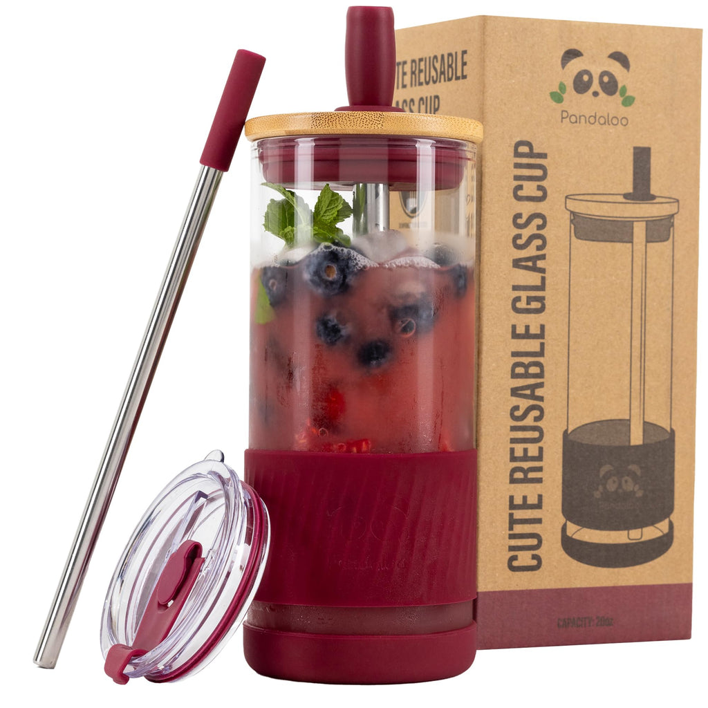 Pandaloo® Glass Cups With Lids and Straws -20 Fl Oz- Perfect Size Iced Coffee Cup - Smoothie Cup With Bamboo Lid and On the go Lid - Glass Tumbler With Straw (1 Count (Pack of 1), Boysenberry)