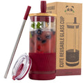 Pandaloo® Glass Cups With Lids and Straws -20 Fl Oz- Perfect Size Iced Coffee Cup - Smoothie Cup With Bamboo Lid and On the go Lid - Glass Tumbler With Straw (1 Count (Pack of 1), Boysenberry)