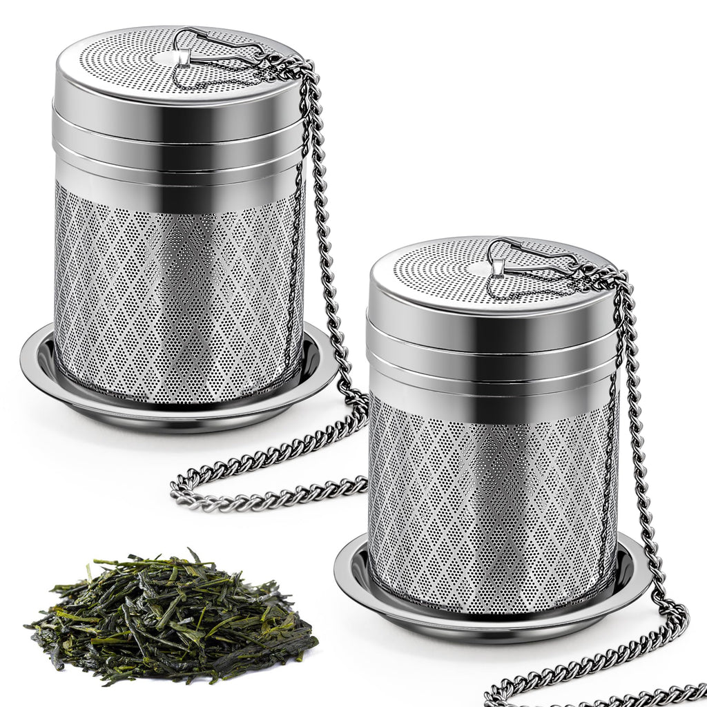 Yoassi Tea Infusers for Loose Tea, 2 Pack Extra Fine Mesh Tea Strainers, 18/8 Stainless Steel Loose Leaf Tea Steeper Tea Diffusers with Extended Chain Hook and Drip Tray