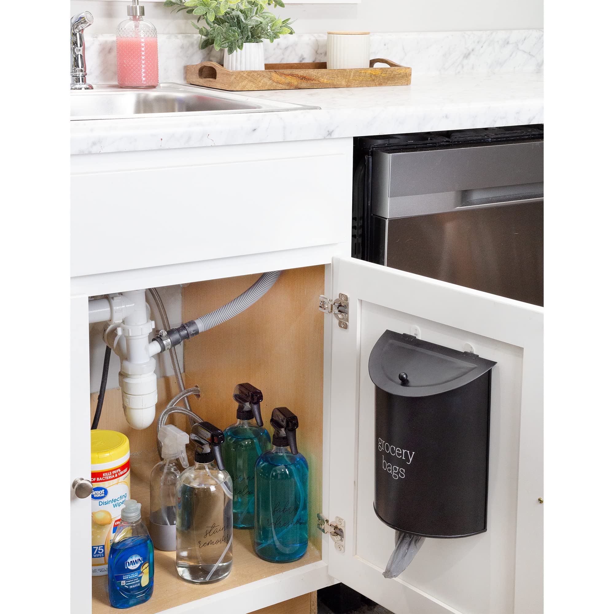 AuldHome Design Enamelware Grocery Bag Holder (Black); Wall-Mounted Modern Farmhouse Style Plastic Bag Dispenser for Kitchen or Laundry Room