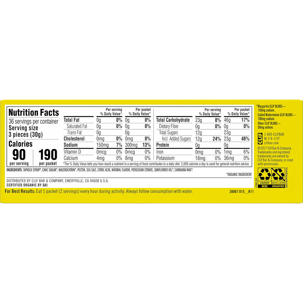 Clif Bloks - Margarita Flavor with 3X Sodium - Energy Chews - Non-GMO - Plant Based - Fast Fuel for Cycling and Running - Quick Carbohydrates and Electrolytes - 2.12 oz. (18 Count)