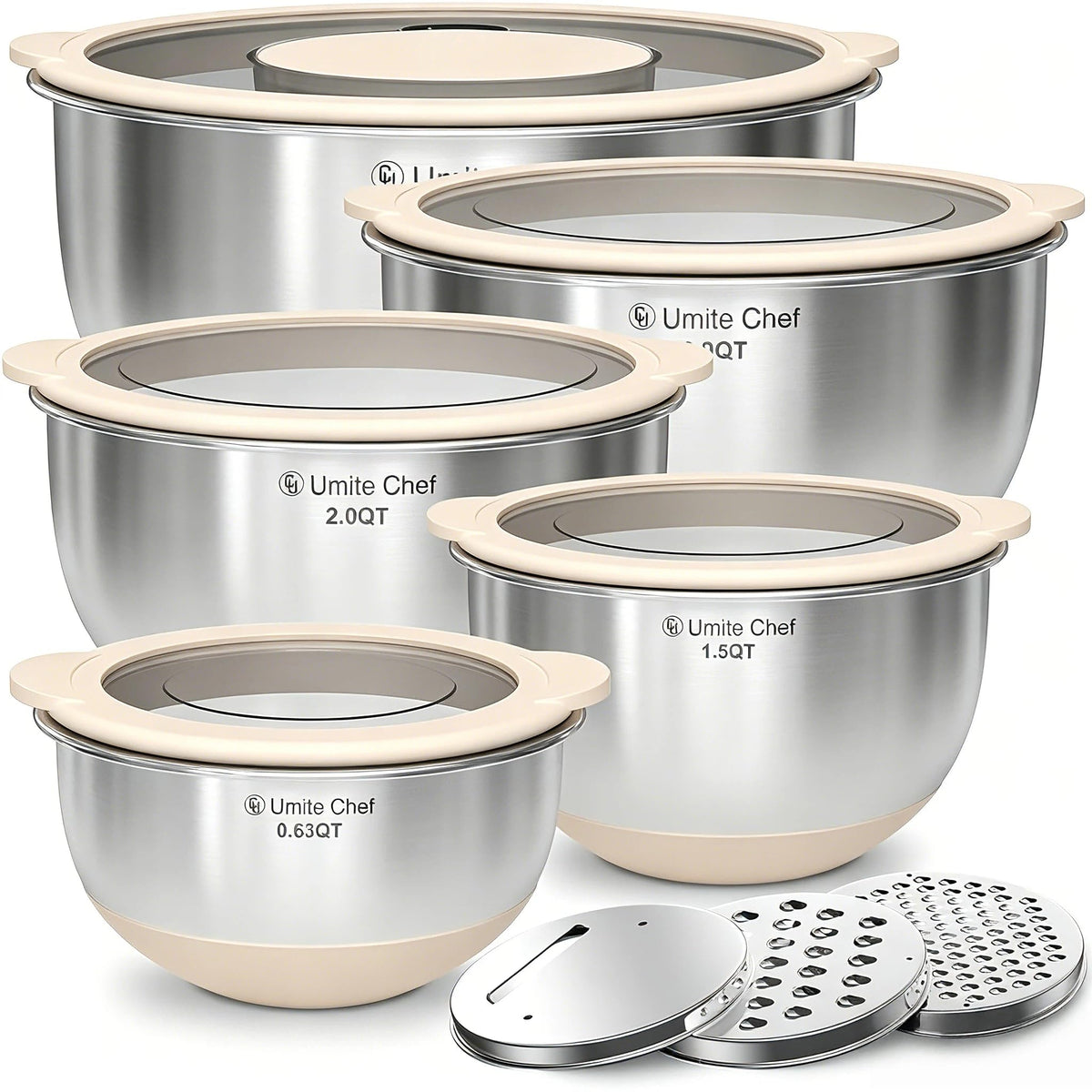 Mixing Bowles Set with Lids Set - Warp-Proof TPR-AS Lids, Stainless Steel Mixing Bowl with 3 Graters & Measuring Lines, Non-Slip Bowls for Baking, Prep, Airtight Food Storage (Khaki 5/3/2/1.5/0.63QT)