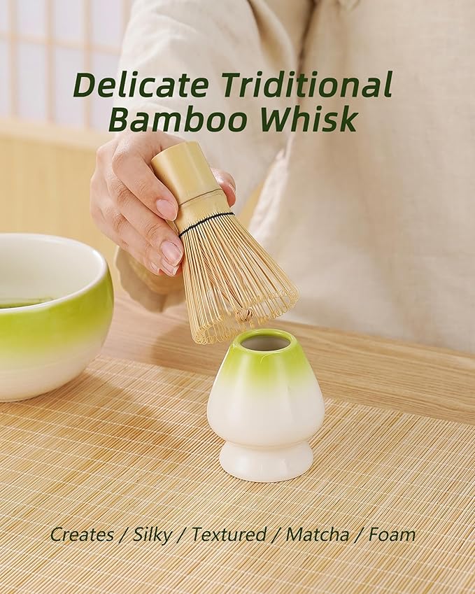 ZENS Matcha Whisk Set, 15oz Hand-Glazed Matcha Bowl with Spout and Bamboo Whisk, Whisk Holder (Chasen), Scoop & Tea Towel, 5pcs Matcha Tea Set Gift for Matcha Ceremony, Green
