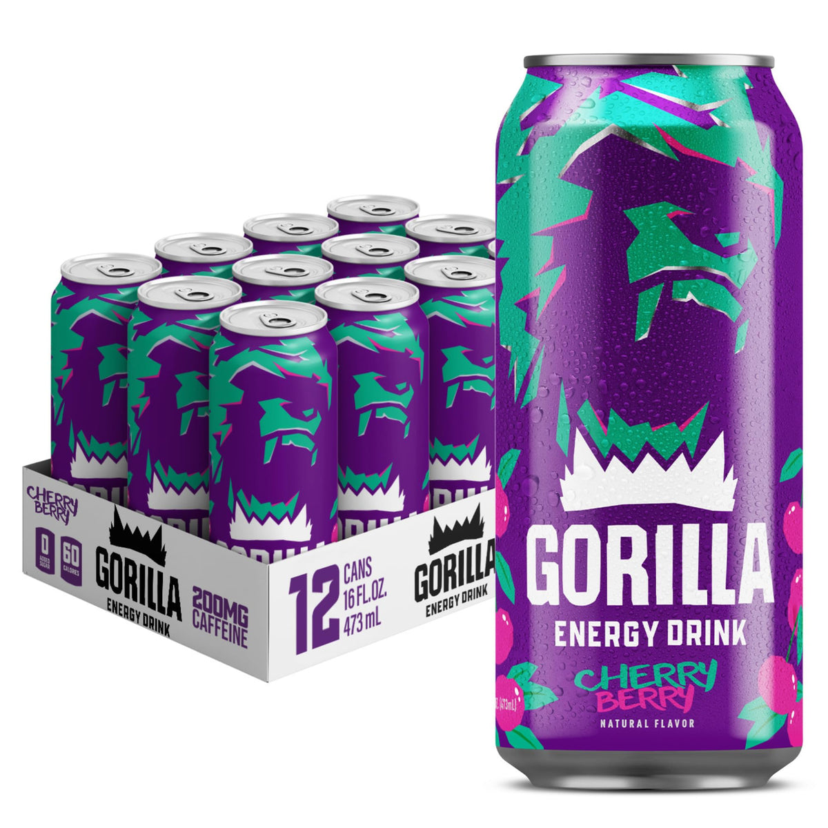 Gorilla Energy Drink, Mango Coconut, 200mg Plant-Based Caffeine, 12 Pack