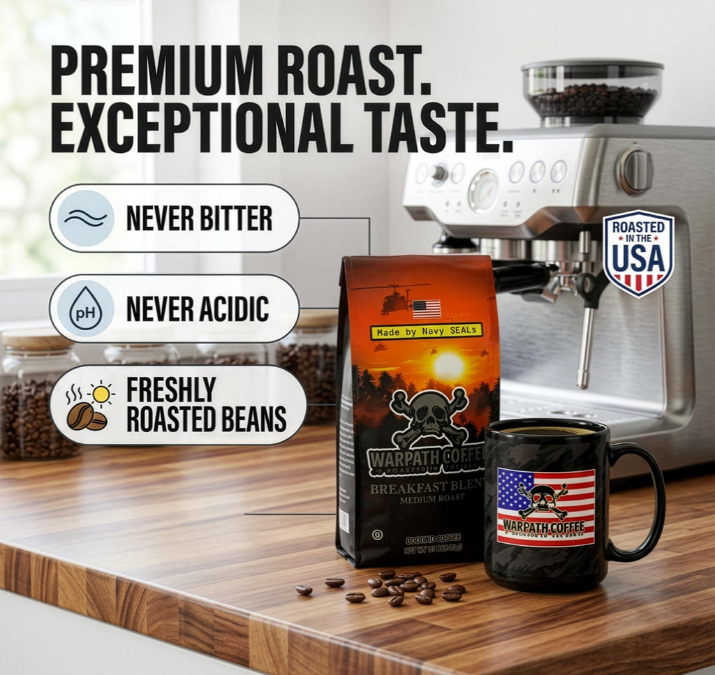 Warpath Coffee Whole Bean Coffee Medium Roast, Breakfast Blend, High Caffeine, Extra Strong Roasted 100% Arabica Coffee Beans Whole, Rich Aroma, Full Bodied Intense Cup, Created by Navy SEALs, 12oz