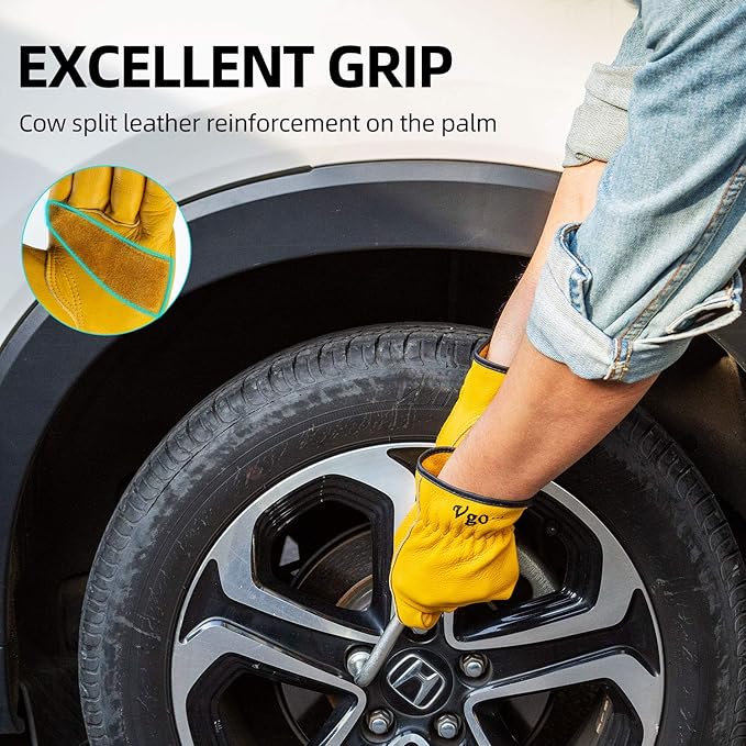 Vgo... 1-Pair Unlined Cow Grain Leather Work and Driver Gloves with Cow Split Leather Palm Patch (Size L, Gold,CA9590)