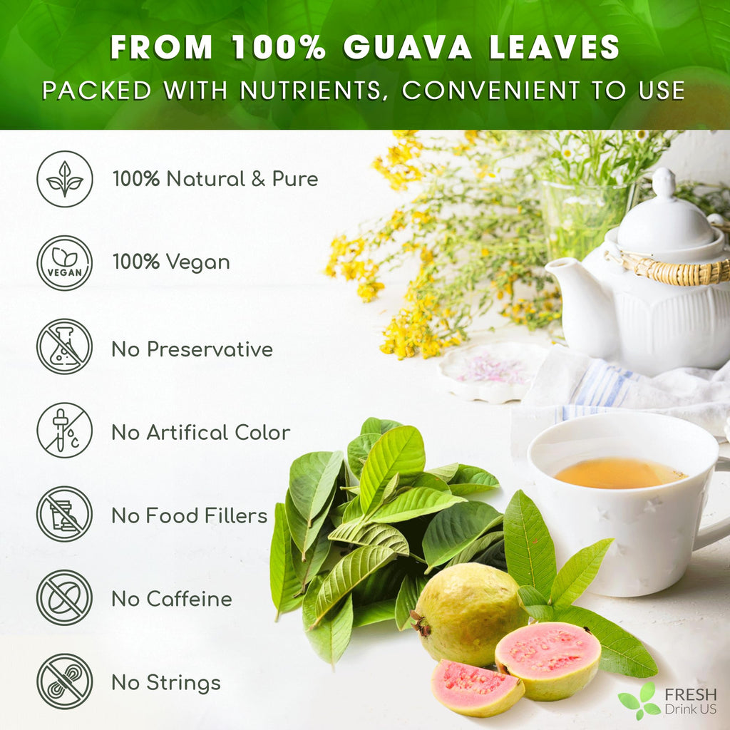 FreshDrinkUS, Premium 135 Guava Leaf Tea Bags, Handmade, 100% Natural and Pure. Guava Tea, Loose Leaf Herbal Tea. No Sugar/Caffeine/Gluten, Vegan.