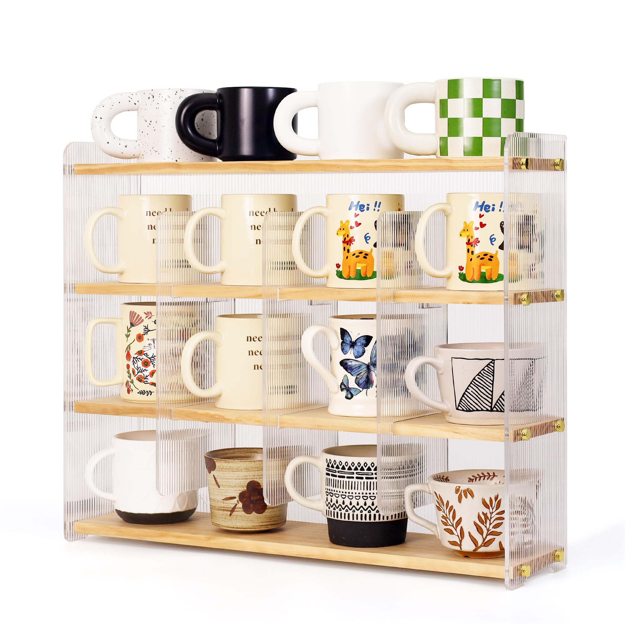 KAOTGOT Mug Shelf 4-Tier Walnut Coffee Cup Displays,Kitchen Spice Storage