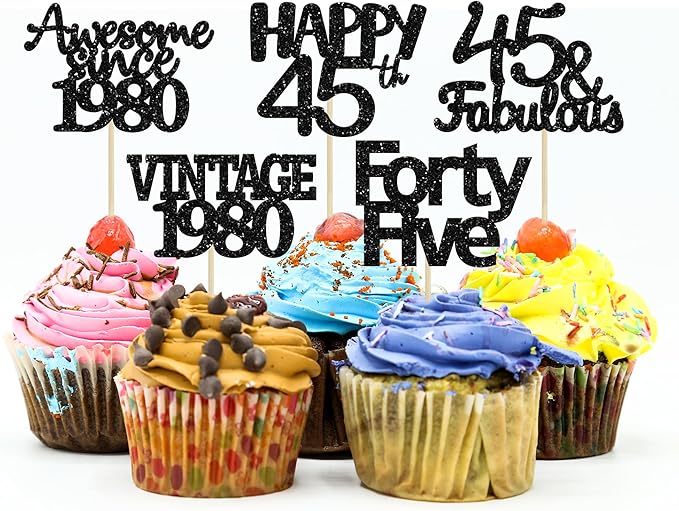 Gyufise 30 Pack Black Glitter 45th Birthday Cupcake Toppers Vintage 1980 Awesome Since 1980 45 Fabulous Cupcake Picks 45th Birthday Wedding Anniversary Party Cake Decorations Supplies
