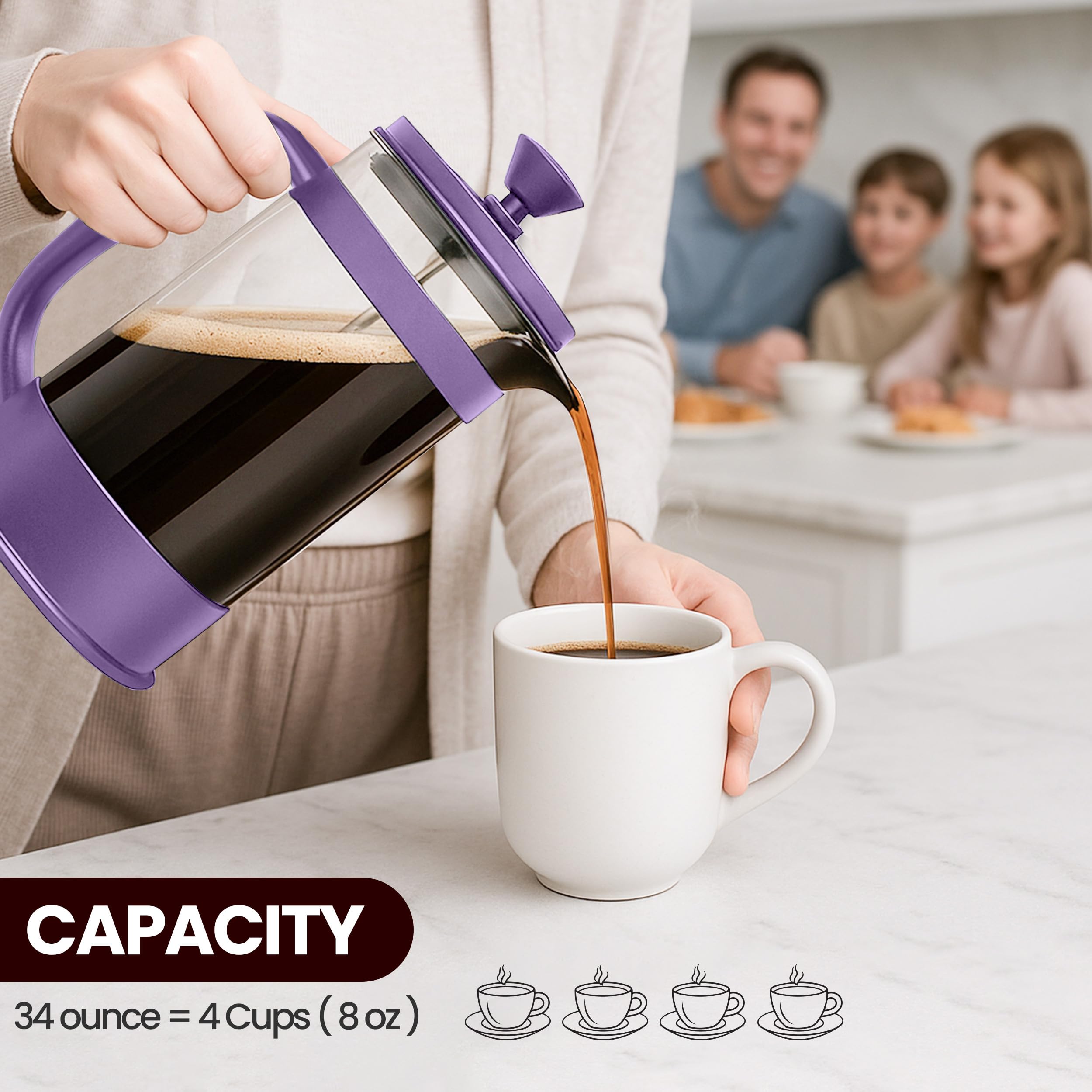 Utopia Kitchen Borosilicate Glass French Press Coffee Maker 34 Oz, Plum