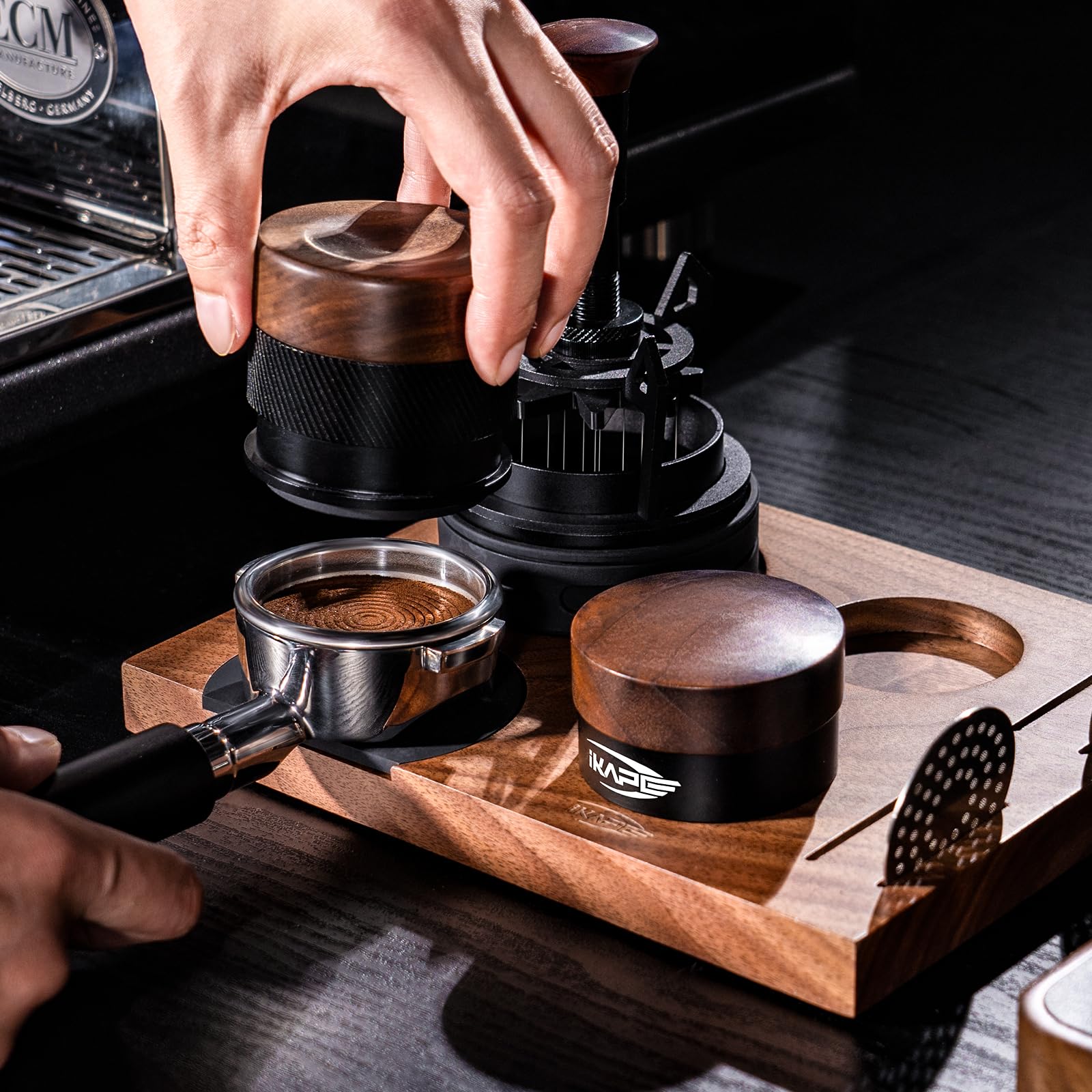 IKAPE 53MM Espresso Tamper, New Wooden Handle Design，Premium Barista Coffee Calibrated Tamper with Spring Loaded, 100% Stainless Steel Tamper Compatible with All 54MM Bottomless Portafilter