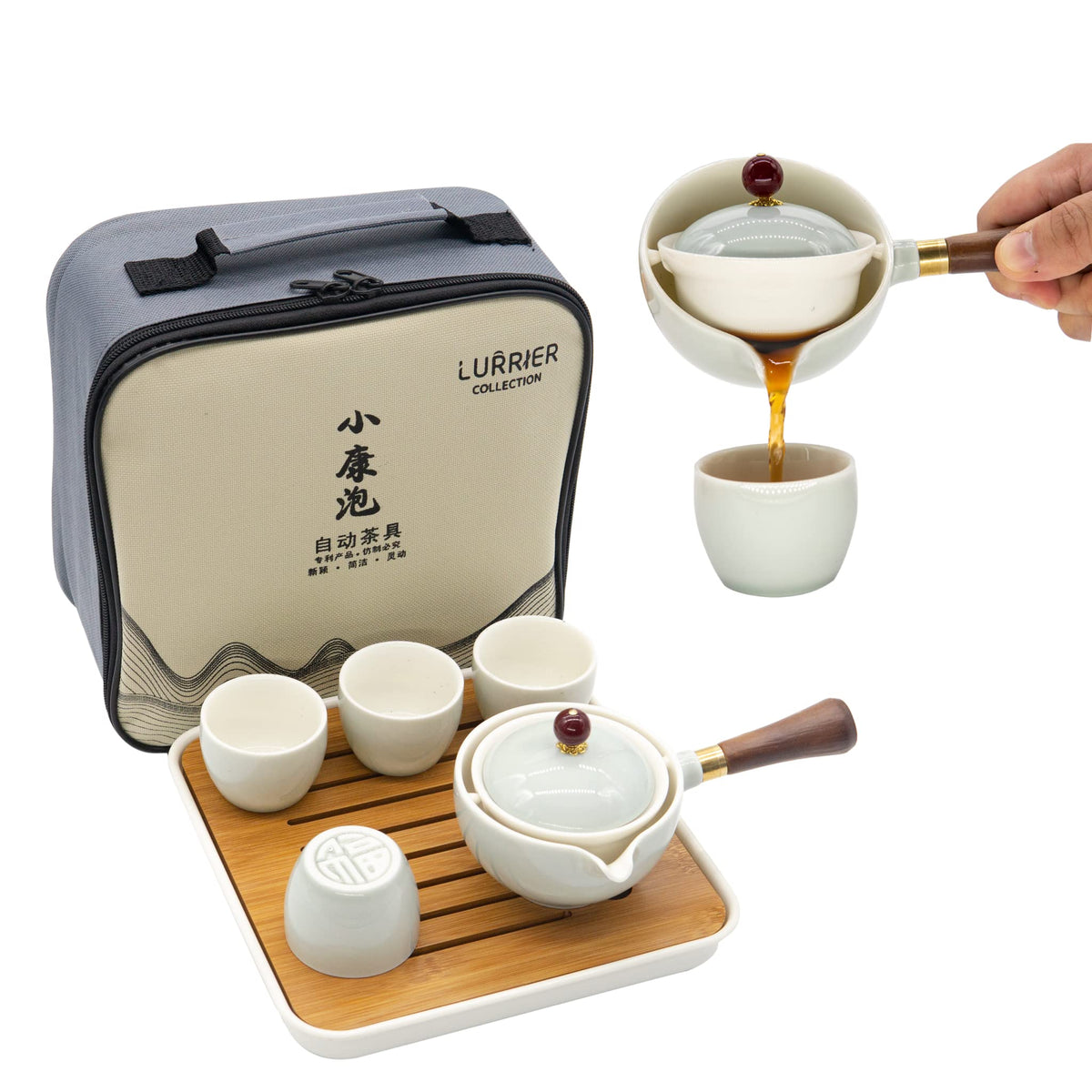 LURRIER Porcelain Chinese Gongfu Tea Set,Portable Teapot Set with 360 Rotation Tea maker and Infuser,Portable All in One Gift Bag for Travel,Home,Gifting,Outdoor and Office (Kitty Cat)