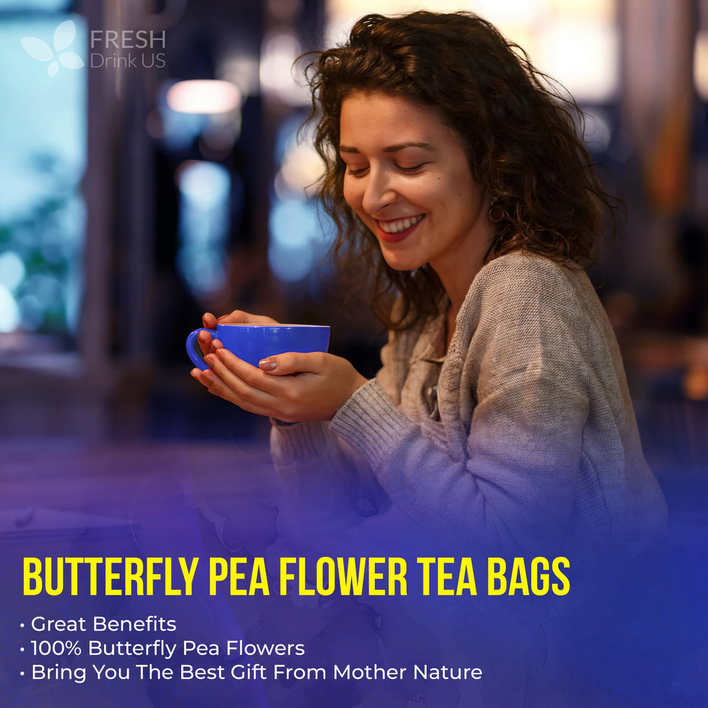 FreshDrinkUS, Premium 35 Blue Butterfly Pea Flowers Tea Bags, 100% Natural and Pure from Butterfly Pea Flowers, Made With Natural Material Tea Bag, No Sugar, No Caffeine, No Gluten, Vegan