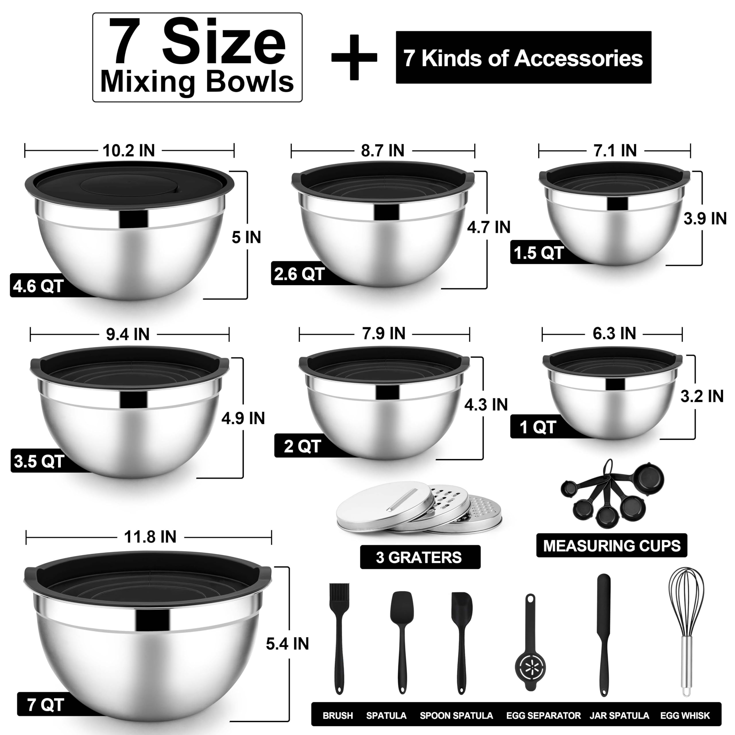 E-far Mixing Bowls with Lids Set, 21PCS Stainless Steel Salad Mixing Bowls with 3 Grater Attachments, Size 7, 4.6, 3.5, 2.6, 2, 1.5, 1QT, Nesting Design & Black Airtight Lid, For Baking/Prepping