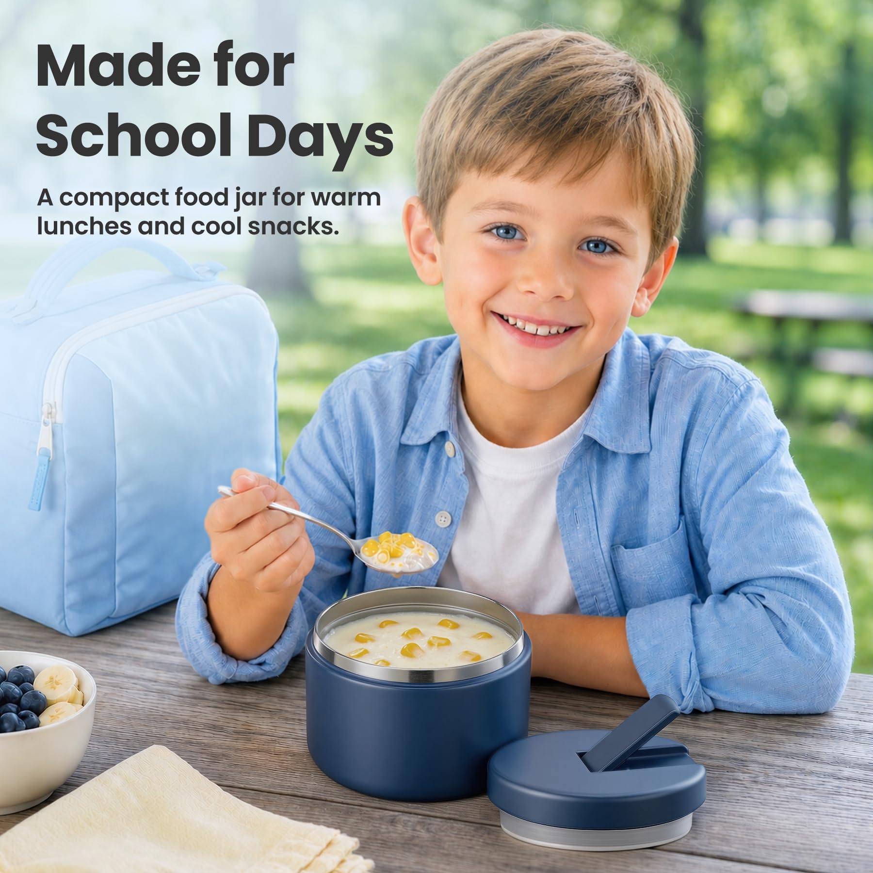 Pawtong 12oz Insulated Vacuum Food Jar with Buckle Lid Wide Mouth Soup Thermo for Hot Food Kids Leakproof Stainless Steel Lunch Container- Blue 1 Pack