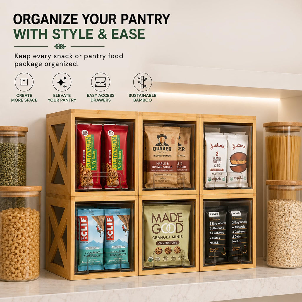 Bamboo Snack & Pantry Organizer, Stackable Pull-Out Drawers, 2 Pack