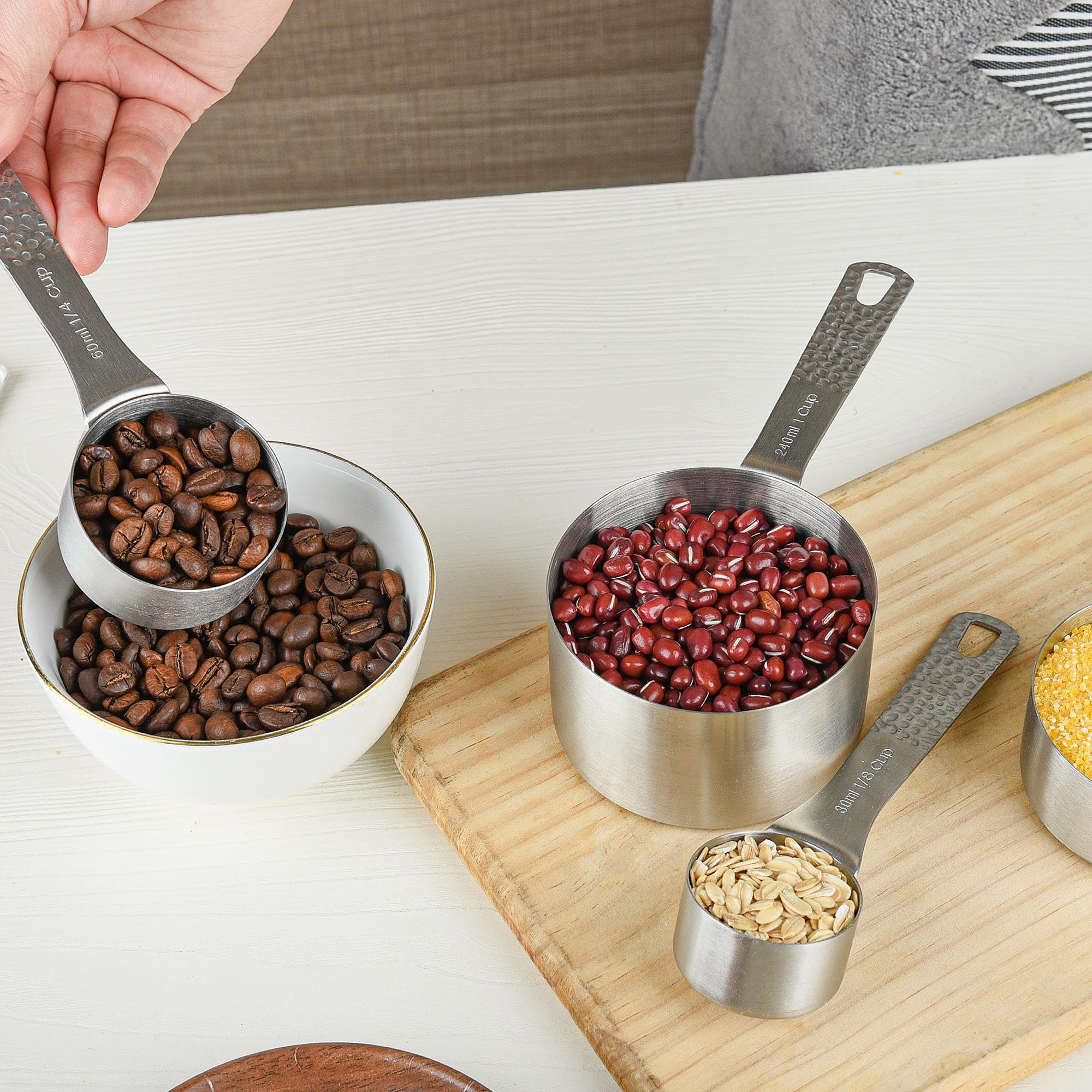 Kalsreui 18/8 Stainless Steel Measuring Cups and Spoons Set 10 for Baking & Kitchen, Metric & US Metal 4 Measuring Cups and 5 Measuring Spoons with 1 Leveler