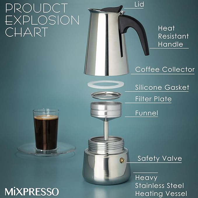 Mixpresso 6 Cup Greca Stovetop Espresso Pot 300ml/10oz, Moka Pot with Coffee Percolator Design, Stainless Steel Stove Top Coffee Maker for Camping or Home Use,Italian Stovetop Espresso Maker